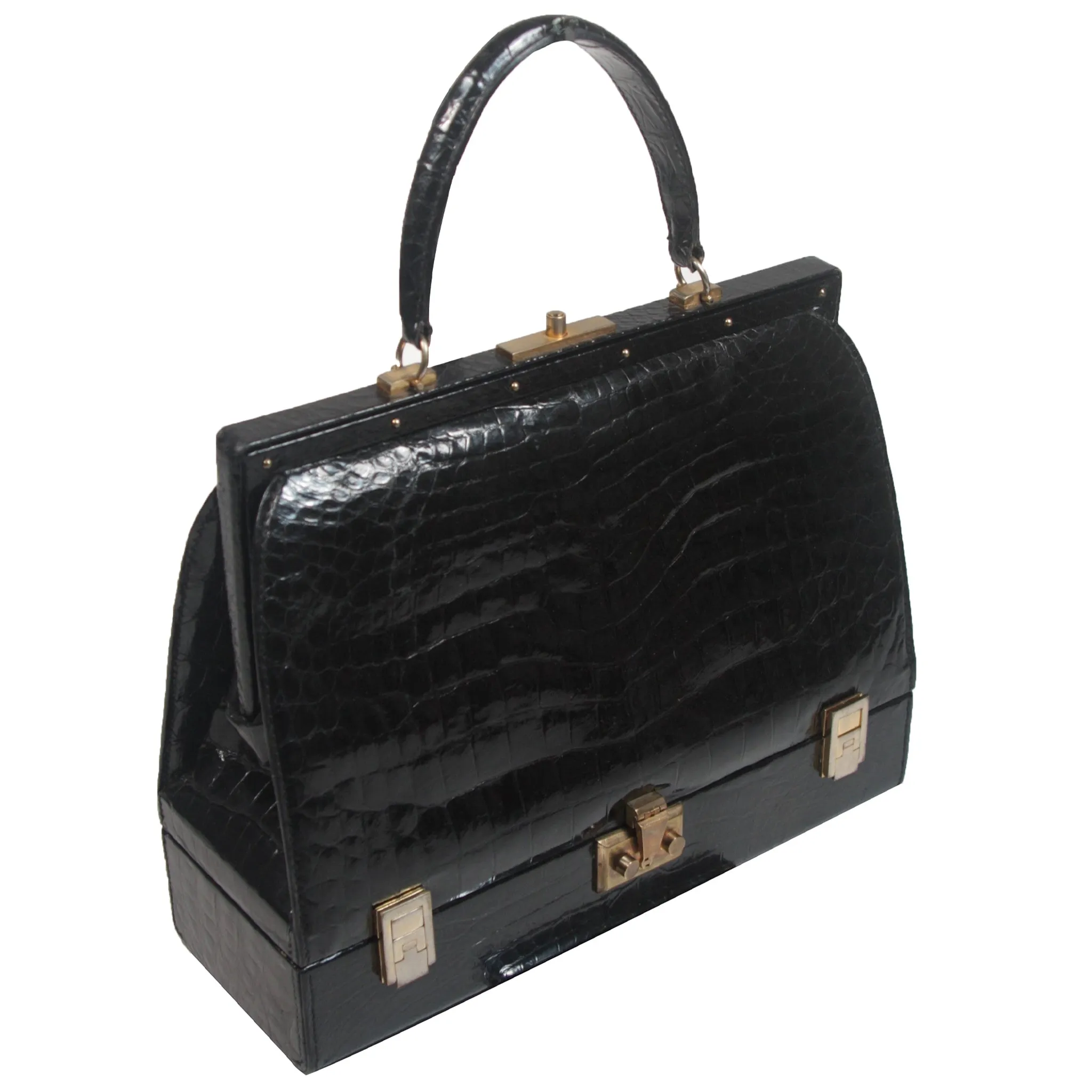Koret Very Rare "Mallette" Black Crocodile Structured Handbag